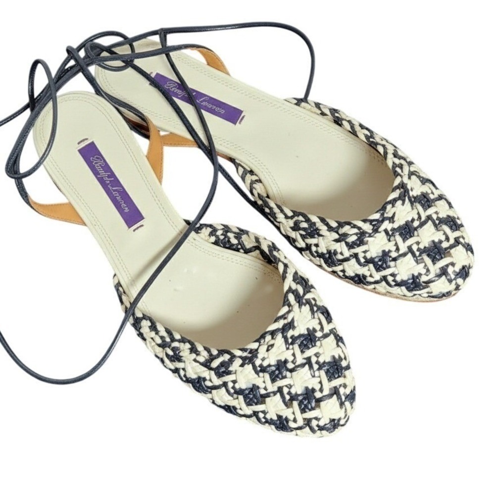 Ralph Lauren Purple Label Woven Leather Lace Up Ankle Wrap Flats Sandals‎ 37.5